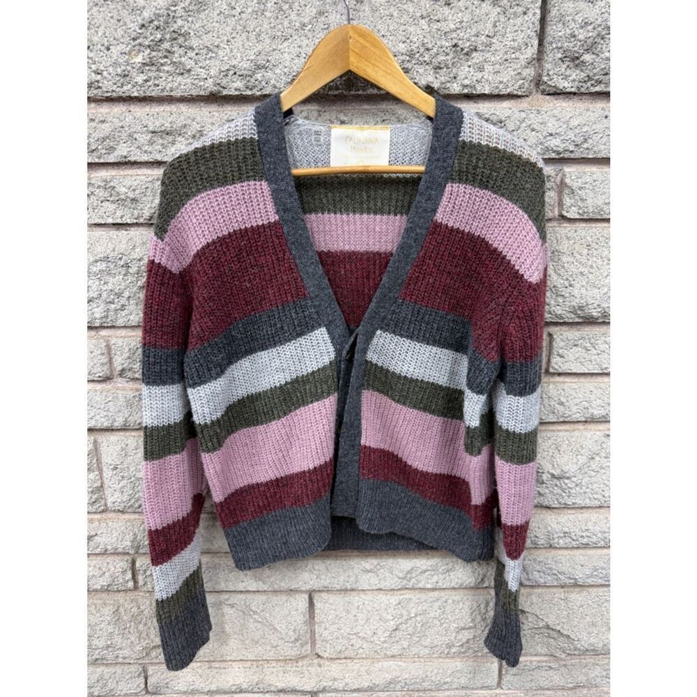Striped V-Neck Knit Cardigan - Pink, Burgundy & Gray